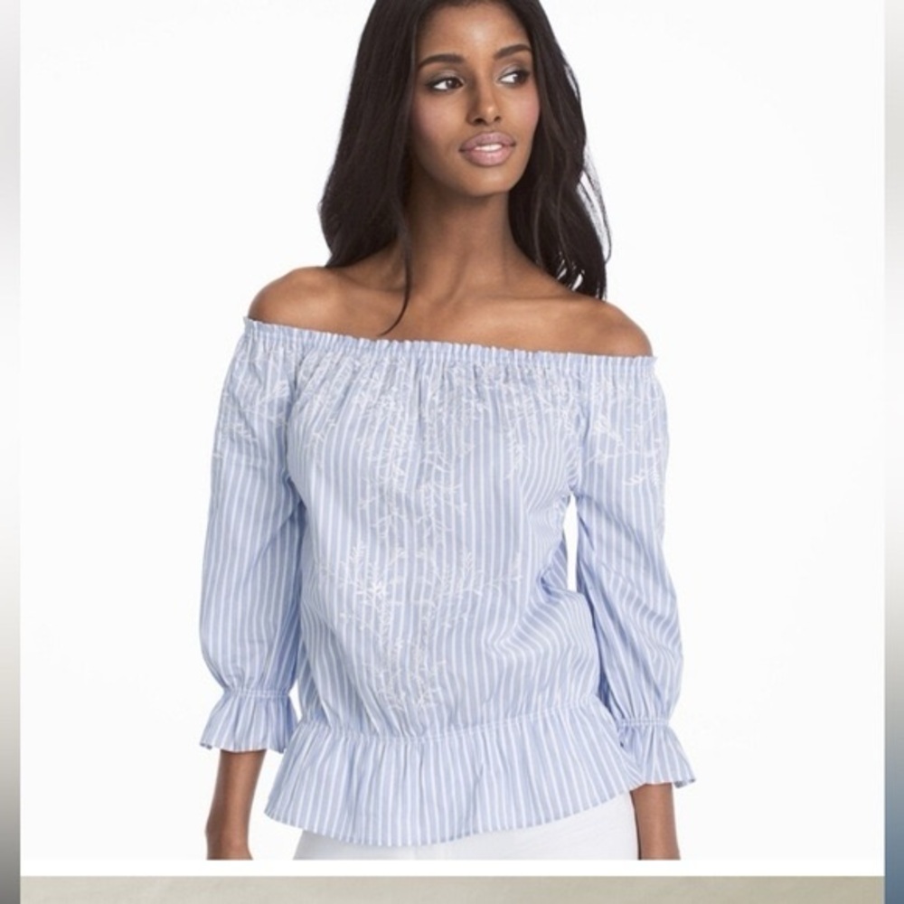 White House Black Market Blue Smocked Peplum Blouse